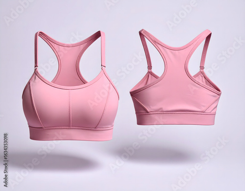 3D mockup pink sports bra displayed from front and back, showcasing its seamless design and supportive fit.