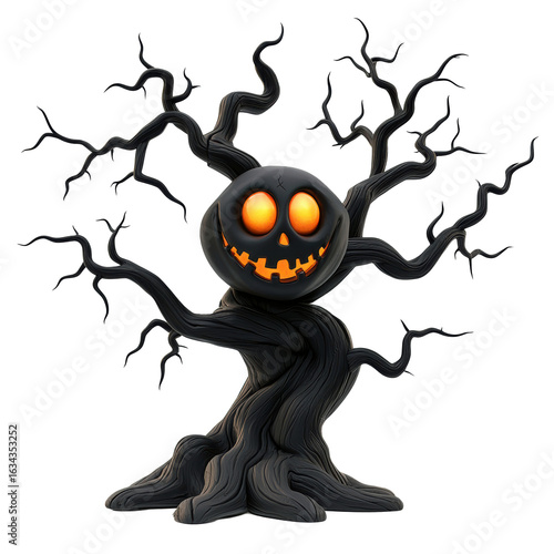Stylized 3D Halloween Tree with Twisted Black Branches PNG