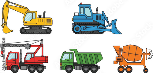 Illustration of construction vehicles including excavator bulldozer crane dump truck and cement mixer