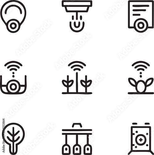 Smart agriculture and farming vector icon set outline style,editable stroke sensors,irrigation,monitoring,control,automation,gps,growth,lighting icon set