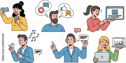 Diverse people using social media and technology for communication and content creation online platform