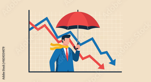 Business Protection Strategy: Businessman Shielding Against Declining Market Trends