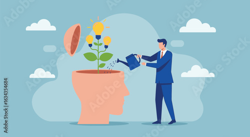 Growth and Development Concept: Businessman Watering a Plant Growing from a Human Brain