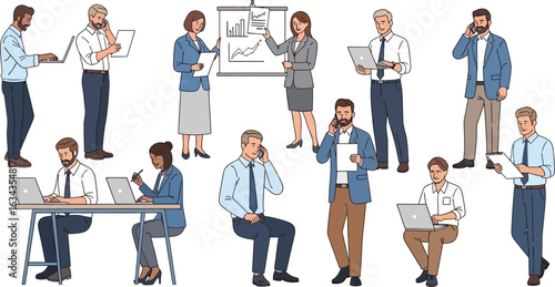 Group of diverse business professionals working with laptops phones and presentation boards in an office setting