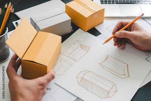 Creative Packaging Design Planning Brown craft cardboard paper product eco packaging mockup. Hands Holding Mockup sketching product box with cardboard model, and layout ideas in studio workspace.