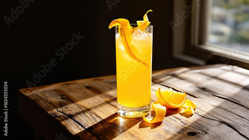 A Harvey Wallbanger cocktail in a tall glass, lit by sunlight, stands on a wooden table.