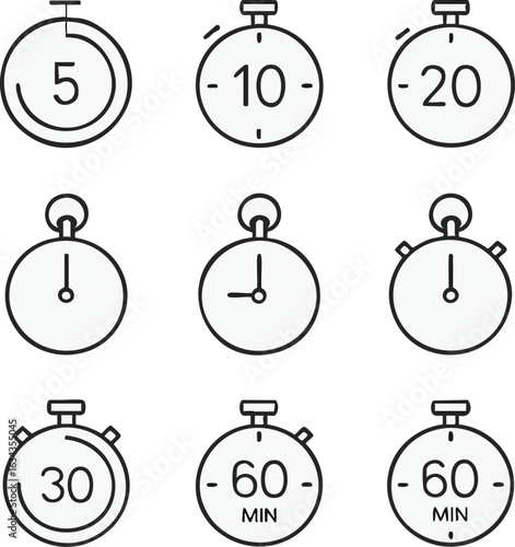 Various stopwatch timings for project deadlines and task management in simple line art on a plain