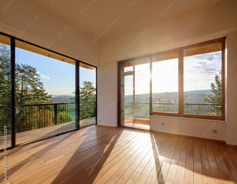 Fototapeta premium sunlight streams into an empty room with large windows and wooden floors overlooking a serene outdoor view during the day