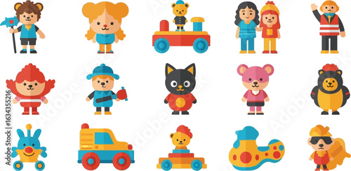 Collection of cartoon style toys and characters in various colors on a white background flat lay style