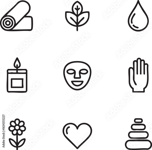 Spa and wellness vector icon set line style,editable stroke yoga mat,leaf,oil drop,candle,face mask,hand,flower,heart,stone icon set