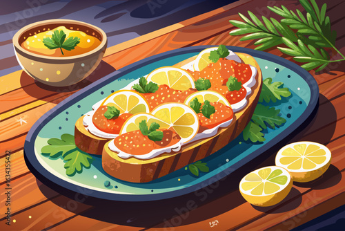 vector of Long delicious caviar toast with lemon slices and parsley garnished in a dark earthenware dish on a wooden table.