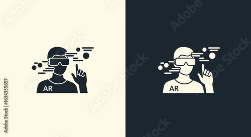 Augmented reality AR concept with male and female silhouettes wearing VR glasses and interacting with digital interface in contrasting dark and light backgrounds.