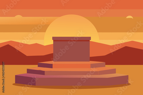 Sandstone Podium in Sunset Desert Background