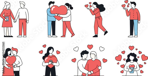 Various cartoon couples expressing love and affection with hearts in different scenarios and poses