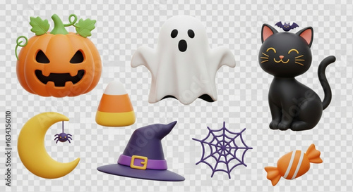 Cute 3D Halloween Design Element Set with Transparent Background