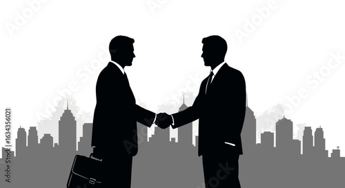 Silhouette of two businessmen shaking hands against a city skyline