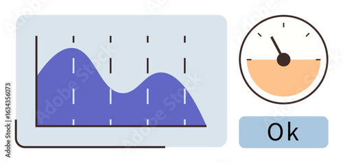 Flowchart showing data graph with fluctuating trends, circular performance gauge, and approval status indicator. Ideal for data monitoring, analytics, performance tracking, reporting, business