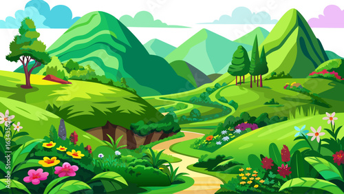 very Beautiful IGreen hills of flowers and flora landscape cut out  white isolated transparent overlay