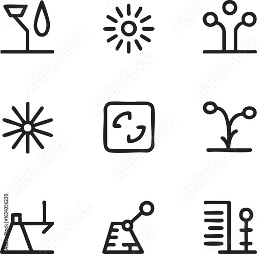 Sustainable agriculture vector icon set editable stroke,outline icons irrigation,sunlight,plant growth,renewable energy,crop monitoring,water management,vertical farming