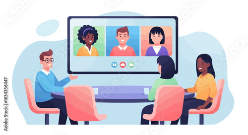 A diverse business team engaging in a hybrid work meeting, collaborating via video conference with remote colleagues on a screen.