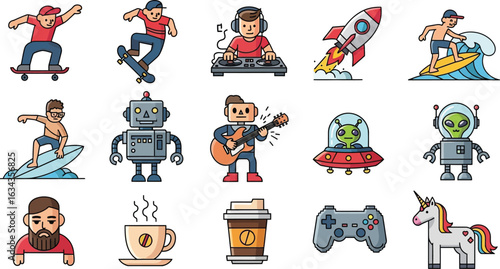 Various cartoon style illustrations featuring people robots and objects on a white background