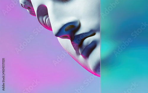 Stone statue closeup with pink and cyan neon lighting and a frosted glass panel partly hiding its face. Noise grain, futuristic, glass morphism background.