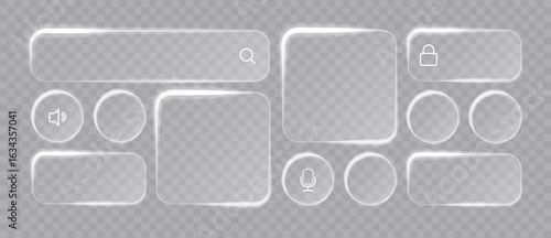 Liquid glass effect smartphone icon interface isolated. White UI light frame square and circle banner with glow stroke. Control center widget for smartphone and web app, vector illustration.