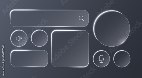 Liquid glass effect smartphone icon interface isolated. White UI light frame square and circle banner with glow stroke. Control center widget for smartphone and web app, vector illustration.