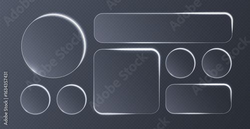 Liquid glass effect smartphone abstract interface isolated. White UI light frame square and circle banner with light glow stroke. Control center widget for smartphone and web app, vector illustration.
