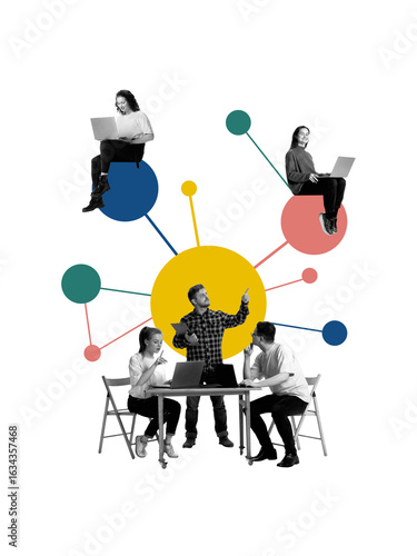 Canvastavla Creative digital artwork of hybrid team planning project with leader pointing at center