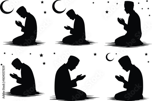 Silhouette of Muslim men praying under stars and crescent moon, Islamic night worship, peaceful Ramadan prayer illustration for spirituality, religion, and devotion