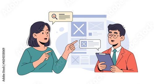 Two people, likely colleagues, discussing a design project, pointing out flaws in a layout.