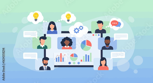 Diverse team collaborates remotely via video conference, sharing ideas and data analysis.