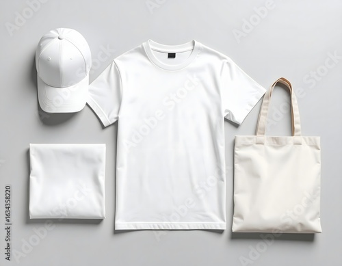 Realistic white apparel mockup set flat lay
