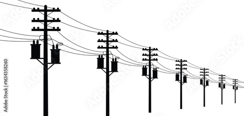 Silhouette of electrical utility poles with transformers, power lines, energy distribution infrastructure, electric grid system, electrical transmission, and high voltage cables.