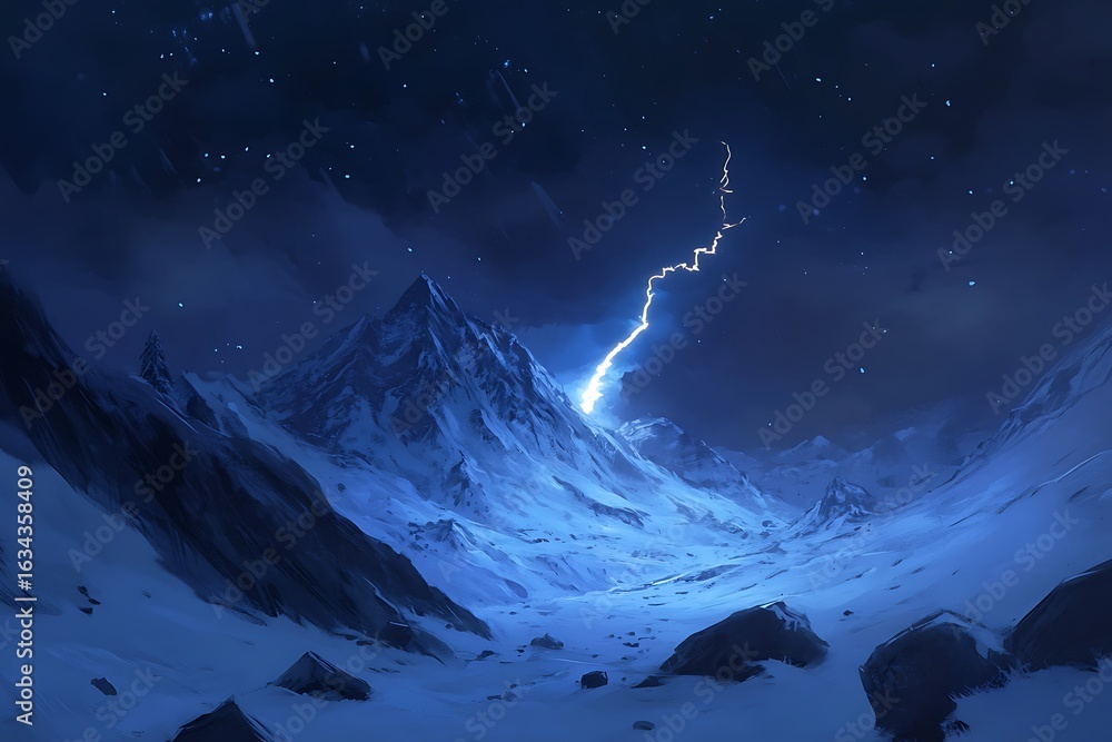 Fototapeta premium Sharp lightning strike in the middle of a stormy night above snow-covered mountains 