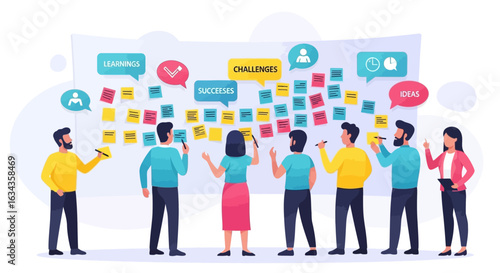 A group of diverse people brainstorm ideas, placing sticky notes on a large board with words like "Goals", "Challenges", "Success", and other icons.