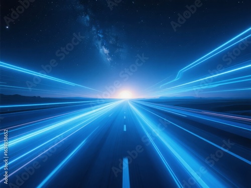 Highway at Night with Light Trails and Starry Sky