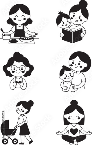 Mom and child activities: cooking, reading, gaming, stroller, yoga