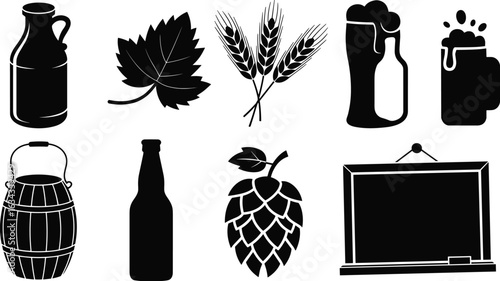Beer brewing and drinking icons set, black silhouettes of bottle, hop, barley, beer mug, barrel, chalkboard, craft beer vector