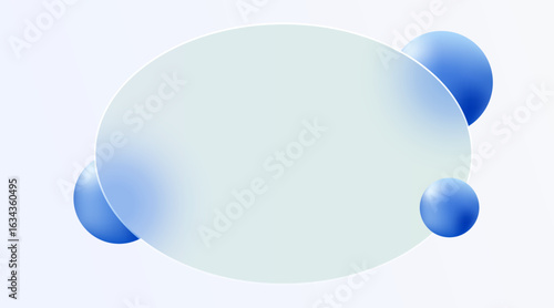 Website landing page template in glass morphism style. Frosted glass partition with floating spheres. Vector illustration