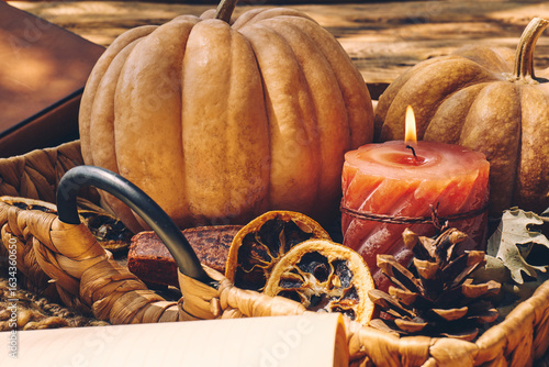 Cozy warm autumn composition with burning candle and pumpkins on knitted woolen plaid. Autumn home decor. Fall mood. Thanksgiving. Halloween.