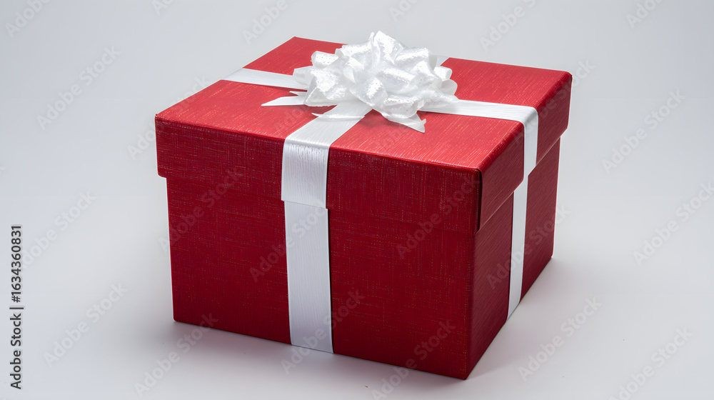 Obraz premium Red gift box with white ribbon and bow, centered product shot on clean background.