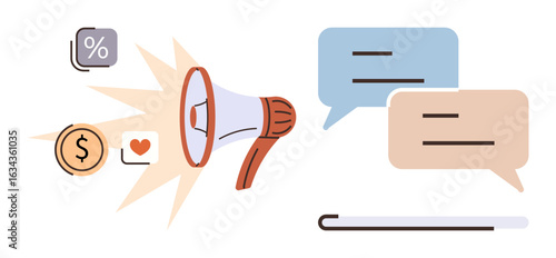 Megaphone emitting sound waves with percentage, dollar, heart icons, and chat bubbles. Ideal for marketing, communication, engagement, advertising promotion business audience targeting. Simple