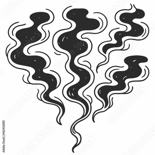 Smoke Swirls Set, Hand-Drawn Style, Black and White Illustration. Dynamic, Flowing Shapes, Artistic Design Elements.