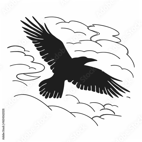 Powerful black eagle vector silhouette shows an eagle with wings in flight, a nature illustration for a tribal tattoo design representing freedom and wildlife