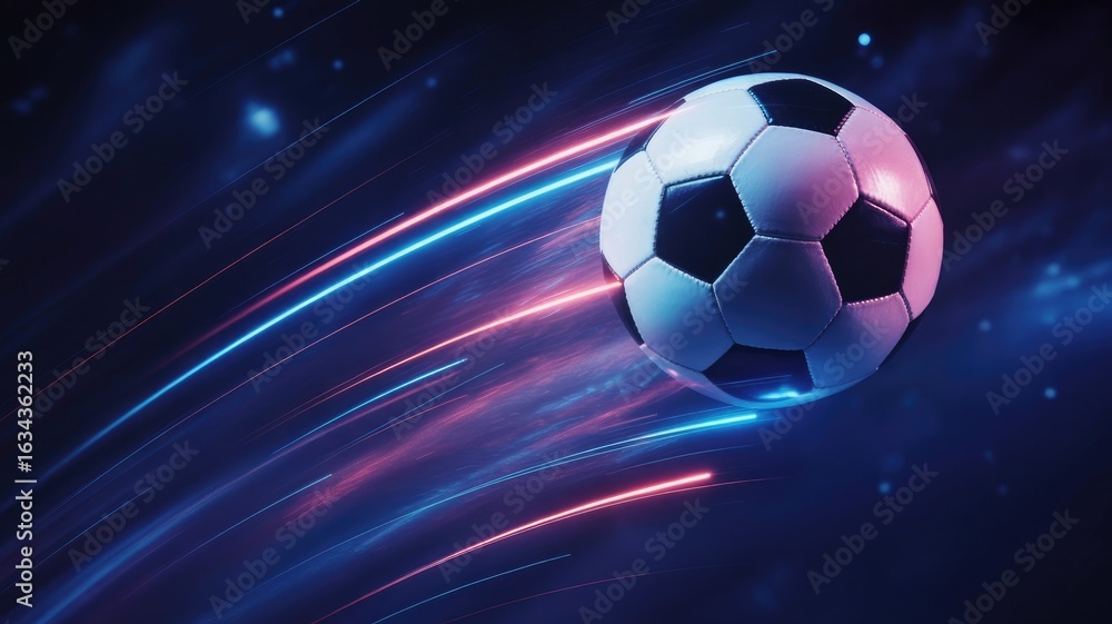 Fototapeta premium A soccer ball streaks through a dark background with glowing blue and pink light trails 2025 2026 football world cup image poster banner label social media post