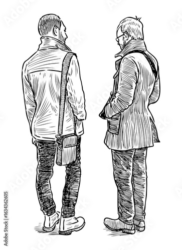 Two young modern casual towns men friends standing talking, realistic sketch, vector hand drawing, white background