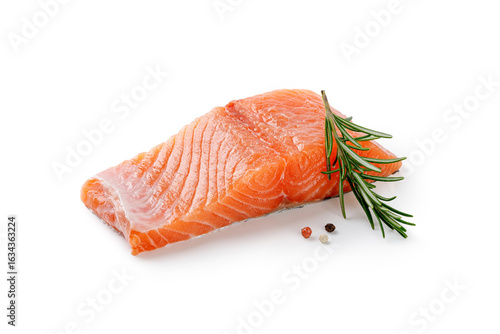 Salmon. Fresh raw uncooked salmon fillet fish, slice, steak with rosemary and pepper isolated on white background with clipping path, cut out. Set or collection.
