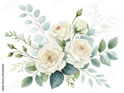 Elegant White Rose Bouquet with Eucalyptus and Green Leaves Watercolor Illustration on Black Background for Wedding Designs and Invitations